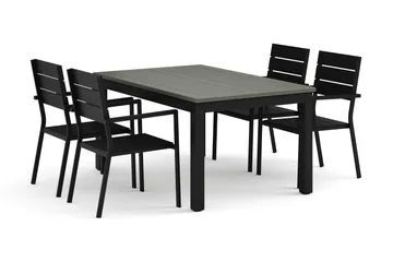 Monaco utendørs spisegruppe, uttrekkbar 150-250x90 med 4 Tunis stablestoler - Svart/Grå - Hagemøbler & utemiljø - Hagegruppe - Spisegrupper hage