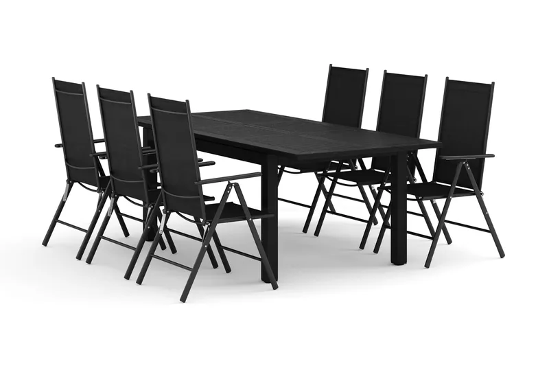 Monaco utendørs spisegruppe, uttrekkbar 150-250x90 med 6 Maggie regulerbare stoler, Svart/Grå