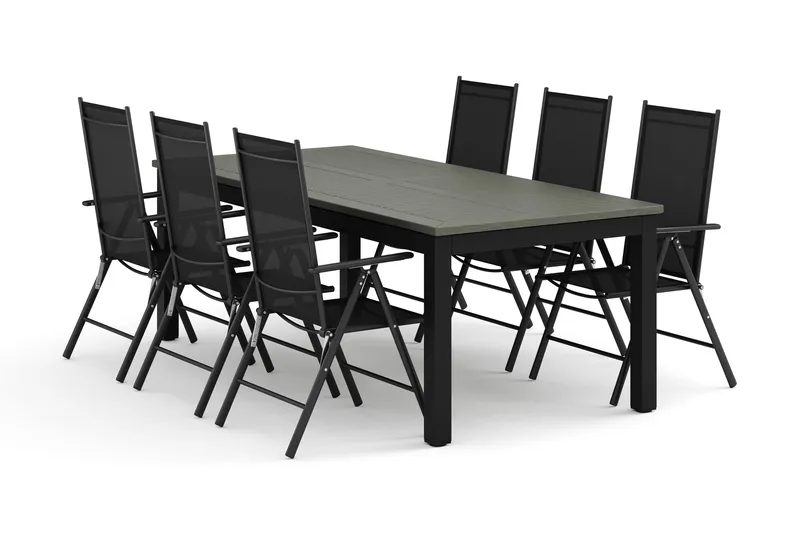 Monaco utendørs spisegruppe, uttrekkbar 210/310x90 med 6 Maggie regulerbare stoler, Svart/Grå