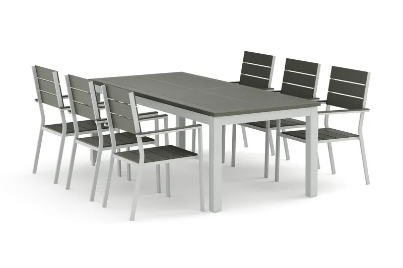 Monaco utendørs spisegruppe, uttrekkbar 210/310x90 med 6 Tunis stablestoler, Hvit/Grå