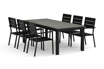 Monaco utendørs spisegruppe, uttrekkbar 210/310x90 med 6 Tunis stablestoler - Svart/Grå - Hagemøbler & utemiljø - Hagegruppe - Spisegrupper hage