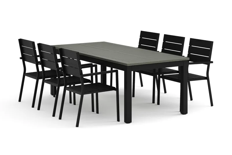 Monaco utendørs spisegruppe, uttrekkbar 210/310x90 med 6 Tunis stablestoler, Svart/Grå