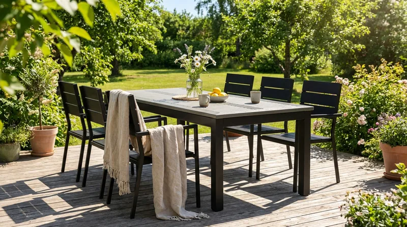 Monaco utendørs spisegruppe, uttrekkbar 210/310x90 med 6 Tunis stablestoler - Svart/Grå - Hagemøbler & utemiljø - Hagegruppe - Spisegrupper hage