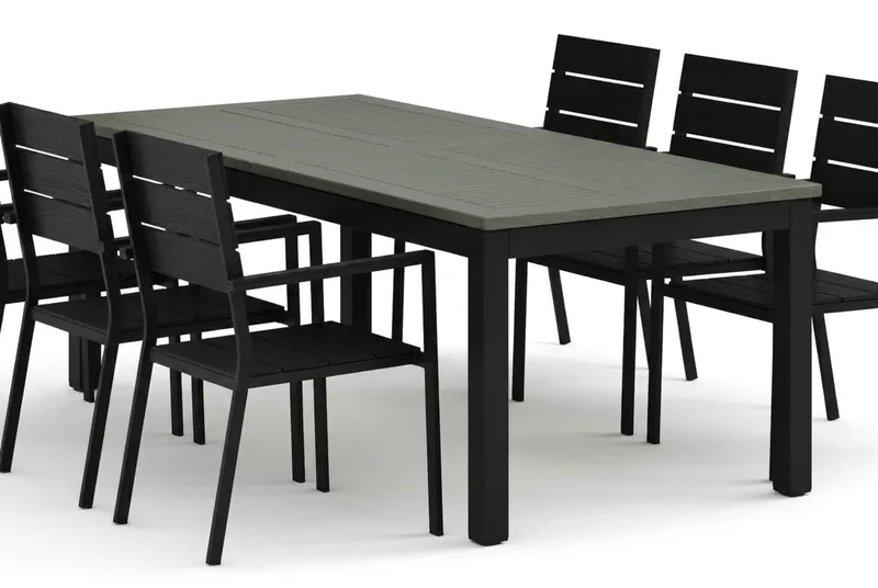 Monaco utendørs spisegruppe, uttrekkbar 210/310x90 med 6 Tunis stablestoler - Svart/Grå - Hagemøbler & utemiljø - Hagegruppe - Spisegrupper hage