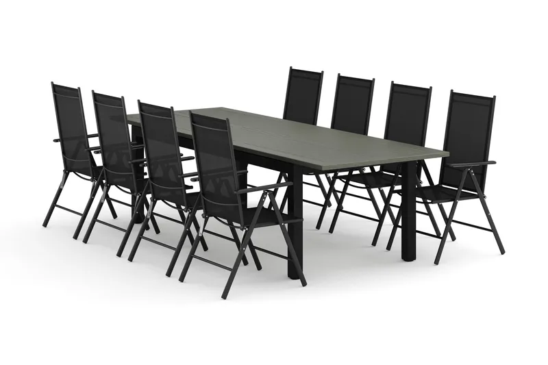 Monaco utendørs spisegruppe, uttrekkbar 210/310x90 med 8 Maggie regulerbare stoler, Svart/Grå
