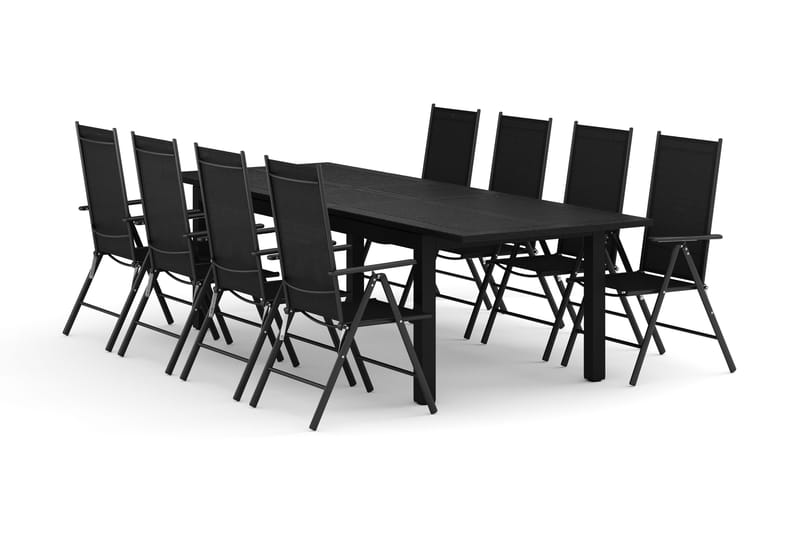 Monaco utendørs spisegruppe, uttrekkbar 210/310x90 med 8 Maggie regulerbare stoler, Svart/Grå
