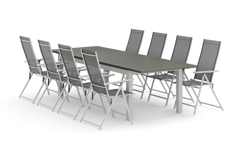 Monaco utendørs spisegruppe, uttrekkbar 210/310x90 med 8 Sanna regulerbare stoler, Hvit/Grå