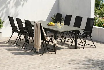 Monaco utendørs spisegruppe, uttrekkbar 210/310x90 med 8 Sanna regulerbare stoler - Svart/Grå - Hagemøbler & utemiljø - Hagegruppe - Spisegrupper hage