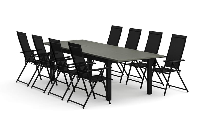 Monaco utendørs spisegruppe, uttrekkbar 210/310x90 med 8 Sanna regulerbare stoler, Svart/Grå