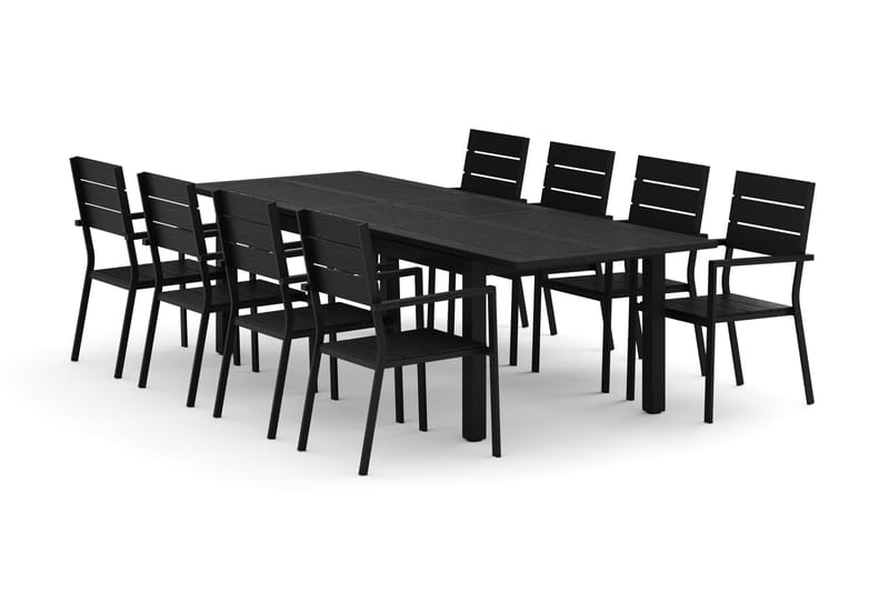 Monaco utendørs spisegruppe, uttrekkbar 210/310x90 med 8 Tunis stablestoler, Svart/Grå