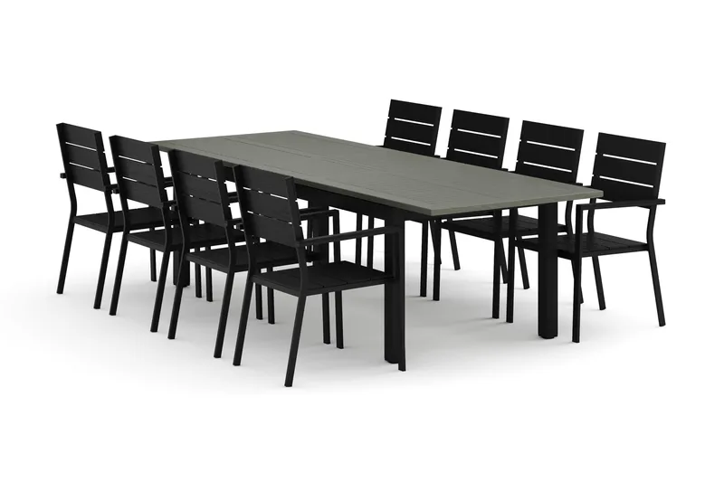 Monaco utendørs spisegruppe, uttrekkbar 210/310x90 med 8 Tunis stablestoler, Svart/Grå