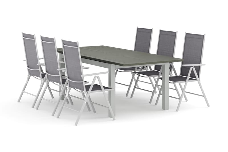 Monaco utendørs spisegruppe uttrekkbar 150–250x90 med 6 Maggie regulerbare stoler, Hvit/Grå