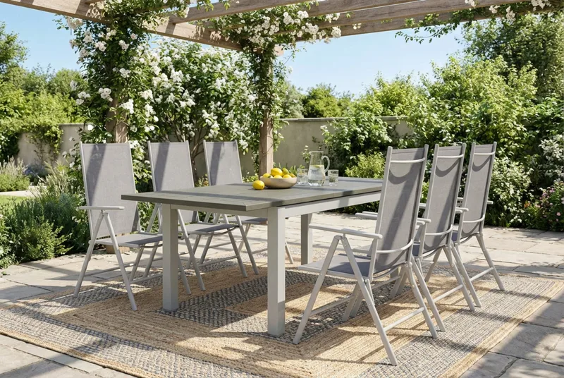 Monaco utendørs spisegruppe uttrekkbar 150–250x90 med 6 Maggie regulerbare stoler - Hvit/Grå - Hagemøbler & utemiljø - Hagegruppe - Spisegrupper hage