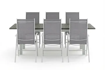 Monaco utendørs spisegruppe uttrekkbar 150–250x90 med 6 Maggie regulerbare stoler - Hvit/Grå - Hagemøbler & utemiljø - Hagegruppe - Spisegrupper hage