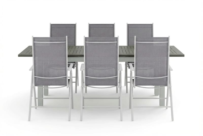 Monaco utendørs spisegruppe uttrekkbar 150–250x90 med 6 Maggie regulerbare stoler - Hvit/Grå - Hagemøbler & utemiljø - Hagegruppe - Spisegrupper hage