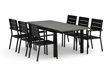 Monaco utendørs spisegruppe uttrekkbar 150–250x90 med 6 Tunis stablebare stoler - Svart/Grå - Hagemøbler & utemiljø - Hagegruppe - Spisegrupper hage
