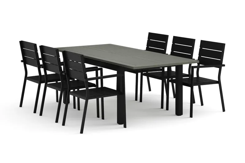 Monaco utendørs spisegruppe uttrekkbar 150–250x90 med 6 Tunis stablebare stoler, Svart/Grå