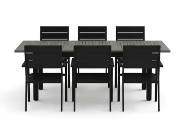 Monaco utendørs spisegruppe uttrekkbar 150–250x90 med 6 Tunis stablebare stoler - Svart/Grå - Hagemøbler & utemiljø - Hagegruppe - Spisegrupper hage