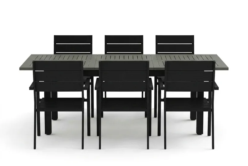 Monaco utendørs spisegruppe uttrekkbar 150–250x90 med 6 Tunis stablebare stoler - Svart/Grå - Hagemøbler & utemiljø - Hagegruppe - Spisegrupper hage