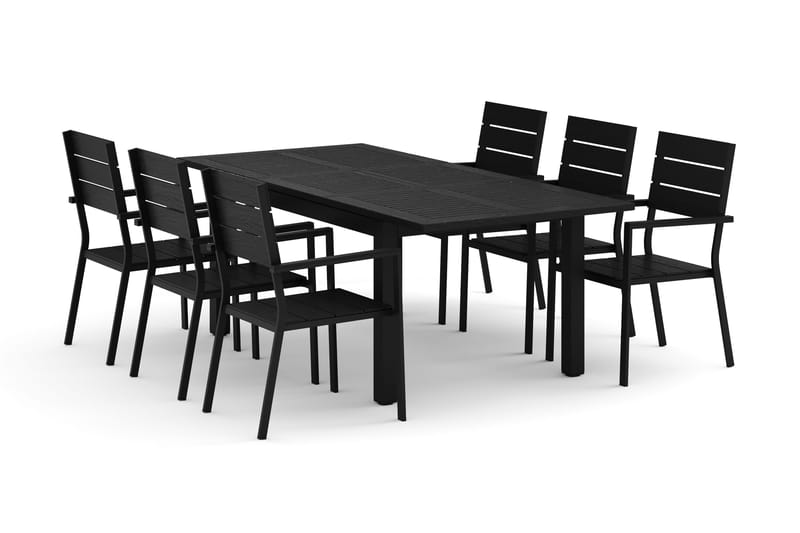 Monaco utendørs spisegruppe uttrekkbar 150–250x90 med 6 Tunis stablebare stoler, Svart/Grå