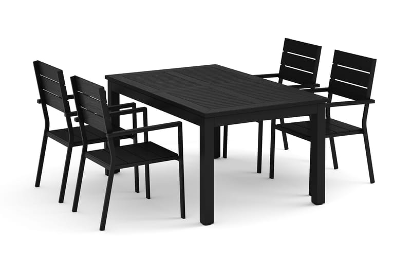 Monaco utendørs spisegruppe uttrekkbar 150-250x90 med 4 Tunis stablestoler, Svart/Grå