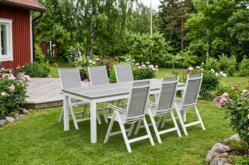 Monaco utendørs spisegruppe uttrekkbar 210/310x90 med 6 Monaco Light posisjonsstoler - Hvit/Grå - Hagemøbler & utemiljø - Hagegruppe - Spisegrupper hage