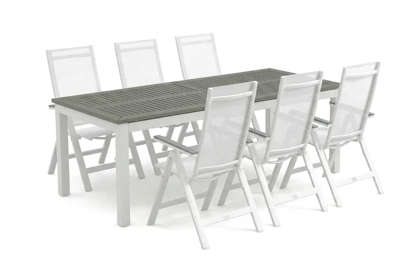 Monaco utendørs spisegruppe uttrekkbar 210/310x90 med 6 Monaco Light posisjonsstoler, Hvit/Grå