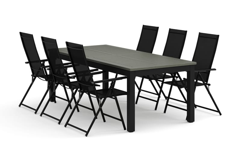 Monaco utendørs spisegruppe uttrekkbar 210/310x90 med 6 Sanna regulerbare stoler, Svart/Grå