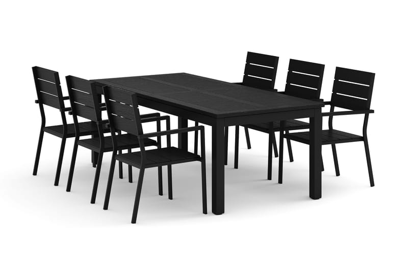 Monaco utendørs spisegruppe uttrekkbar 210/310x90 med 6 Tunis stablestoler, Svart/Grå
