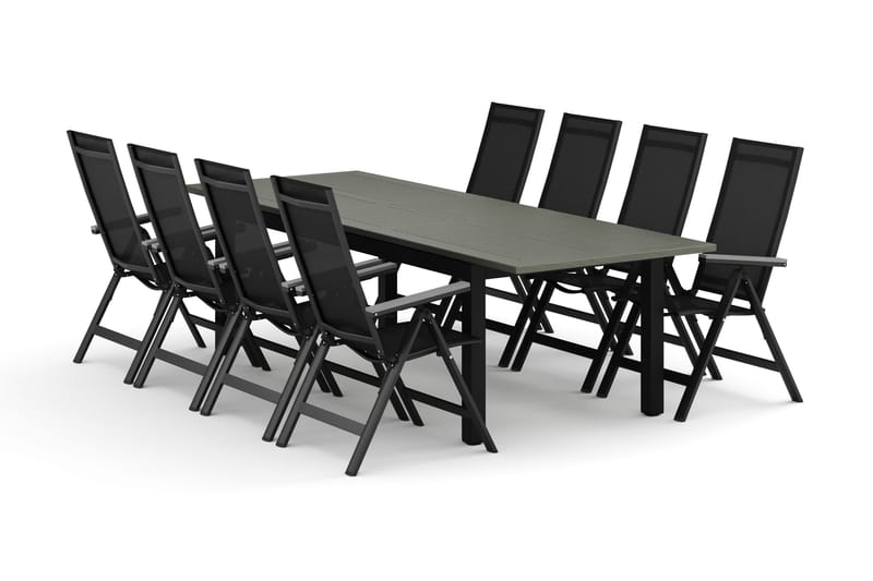 Monaco utendørs spisegruppe uttrekkbar 210/310x90 med 8 Monaco Light regulerbare stoler, Svart/Grå