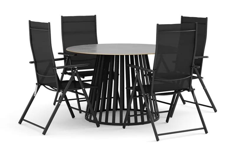 Sensi utendørs spisegruppe 120 cm med 4 regulerbare stoler, Svart
