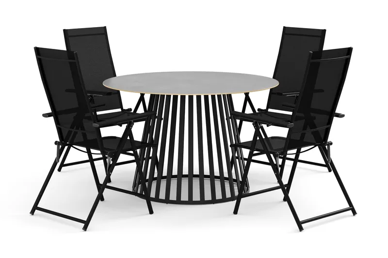 Sensi utendørs spisegruppe 120 cm med 4 Sanna regulerbare stoler, Svart