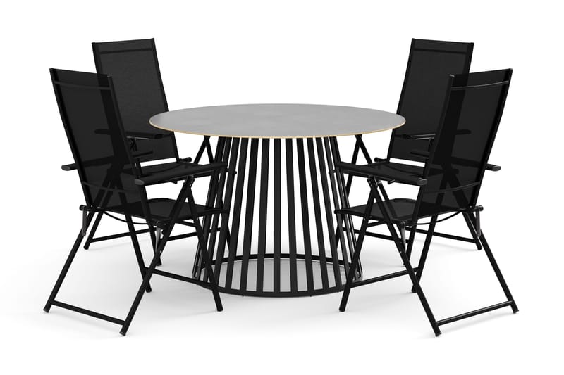 Sensi utendørs spisegruppe 120 cm med 4 Sanna regulerbare stoler, Svart