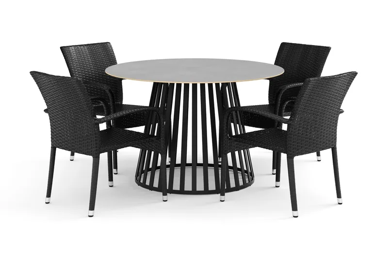 Sensi utendørs spisegruppe 120 cm med 4 Thor Light utendørs lenestoler, Svart