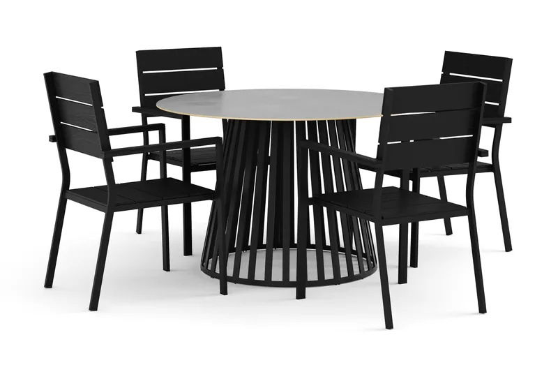 Sensi utendørs spisegruppe 120 cm med 4 Tunis stablestoler, Svart