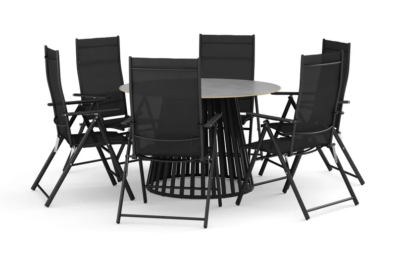 Sensi utendørs spisegruppe 120 cm med 6 regulerbare stoler, Svart