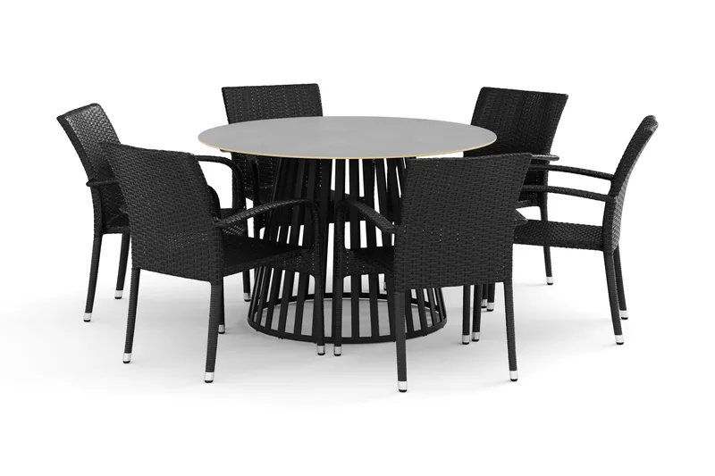 Sensi utendørs spisegruppe 120 cm med 6 Thor Light utendørs lenestoler, Svart