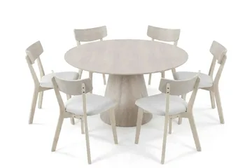 Siena spisegruppe 150 cm rund hvitlasert med 6 Amelia spisestoler med pute - Hvitlasert/Beige - Hagemøbler & utemiljø - Hagegruppe - Spisegrupper hage