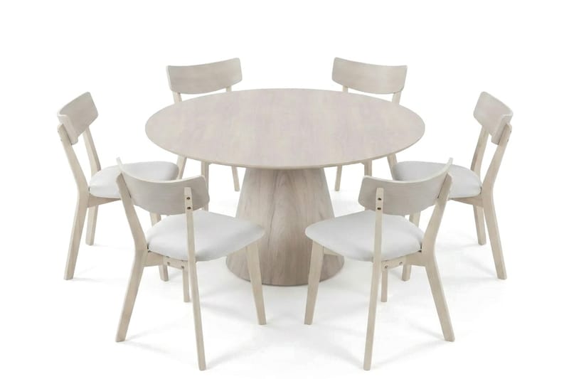 Siena spisegruppe 150 cm rund hvitlasert med 6 Amelia spisestoler med pute - Hvitlasert/Beige - Hagemøbler & utemiljø - Hagegruppe - Spisegrupper hage