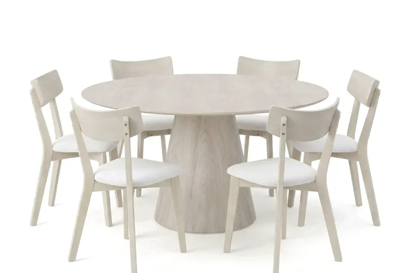 Siena spisegruppe 150 cm rund hvitlasert med 6 Amelia spisestoler med pute, Hvitlasert/Beige