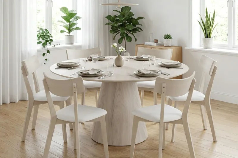 Siena spisegruppe 150 cm rund hvitlasert med 6 Amelia spisestoler med pute - Hvitlasert/Beige - Hagemøbler & utemiljø - Hagegruppe - Spisegrupper hage