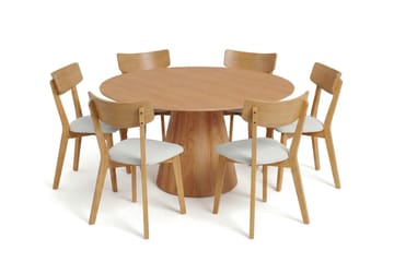 Siena spisegruppe 150 cm rund i eik med 6 Amelia spisestoler med pute - Eik/Beige - Hagemøbler & utemiljø - Hagegruppe - Spisegrupper hage