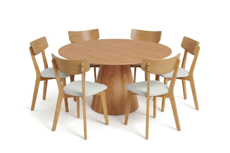 Siena spisegruppe 150 cm rund i eik med 6 Amelia spisestoler med pute - Eik/Beige - Hagemøbler & utemiljø - Hagegruppe - Spisegrupper hage