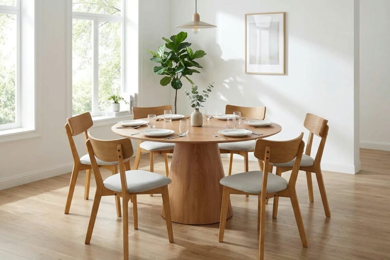Siena spisegruppe 150 cm rund i eik med 6 Amelia spisestoler med pute - Eik/Beige - Hagemøbler & utemiljø - Hagegruppe - Spisegrupper hage
