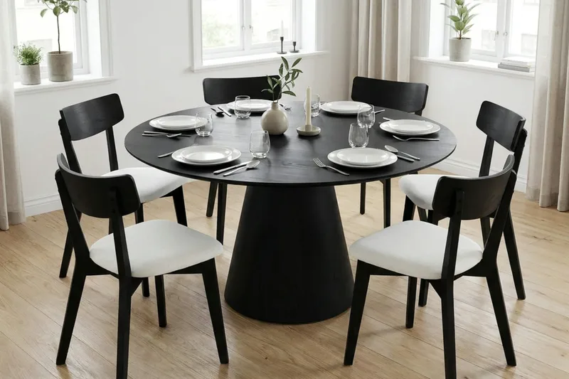 Siena spisegruppe 150 cm rund i svart med 6 Amelia spisestoler med pute - Svart/Beige - Hagemøbler & utemiljø - Hagegruppe - Spisegrupper hage