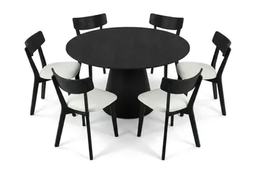 Siena spisegruppe 150 cm rund i svart med 6 Amelia spisestoler med pute - Svart/Beige - Hagemøbler & utemiljø - Hagegruppe - Spisegrupper hage