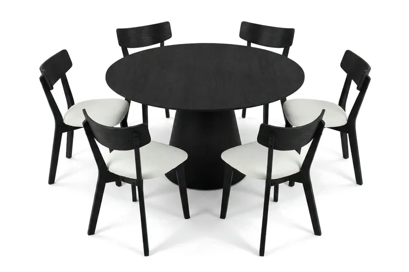 Siena spisegruppe 150 cm rund i svart med 6 Amelia spisestoler med pute - Svart/Beige - Hagemøbler & utemiljø - Hagegruppe - Spisegrupper hage
