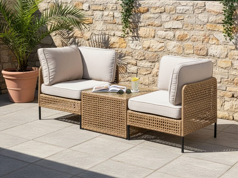Sofa utendørs med bord 2-seter Omegana kunstrotting - Beige/svart - Hagemøbler & utemiljø - Hagegruppe - Sofagruppe utendørs