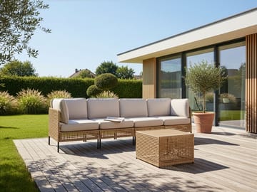 Sofa utendørs med bord 4-seter Omegana modulær kunstrotting - Beige/svart - Hagemøbler & utemiljø - Hagegruppe - Sofagruppe utendørs