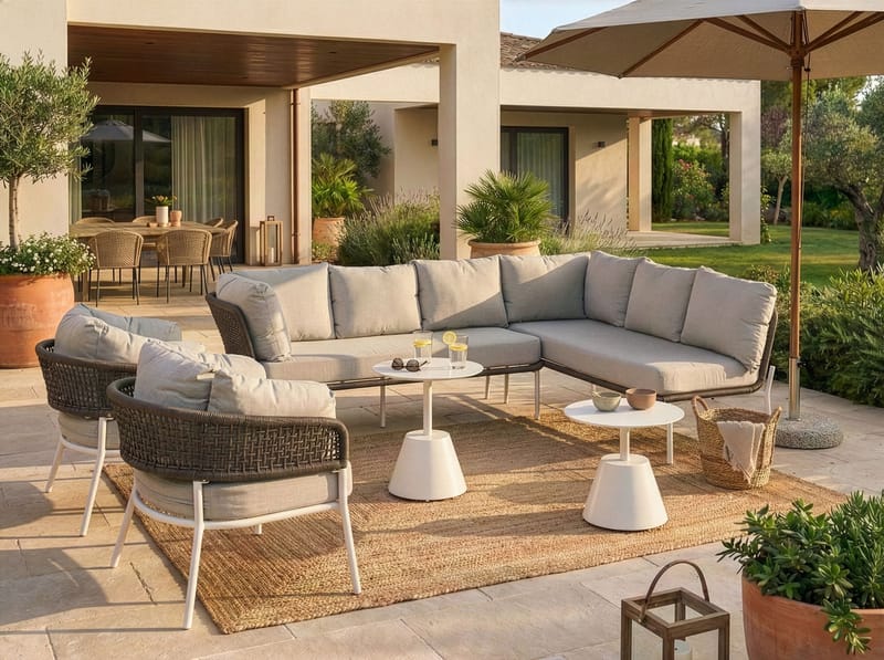 Sofagruppe utendørs 7-seter Robella med bord - Beige/Hvit/Brun - Hagemøbler & utemiljø - Hagegruppe - Sofagruppe utendørs